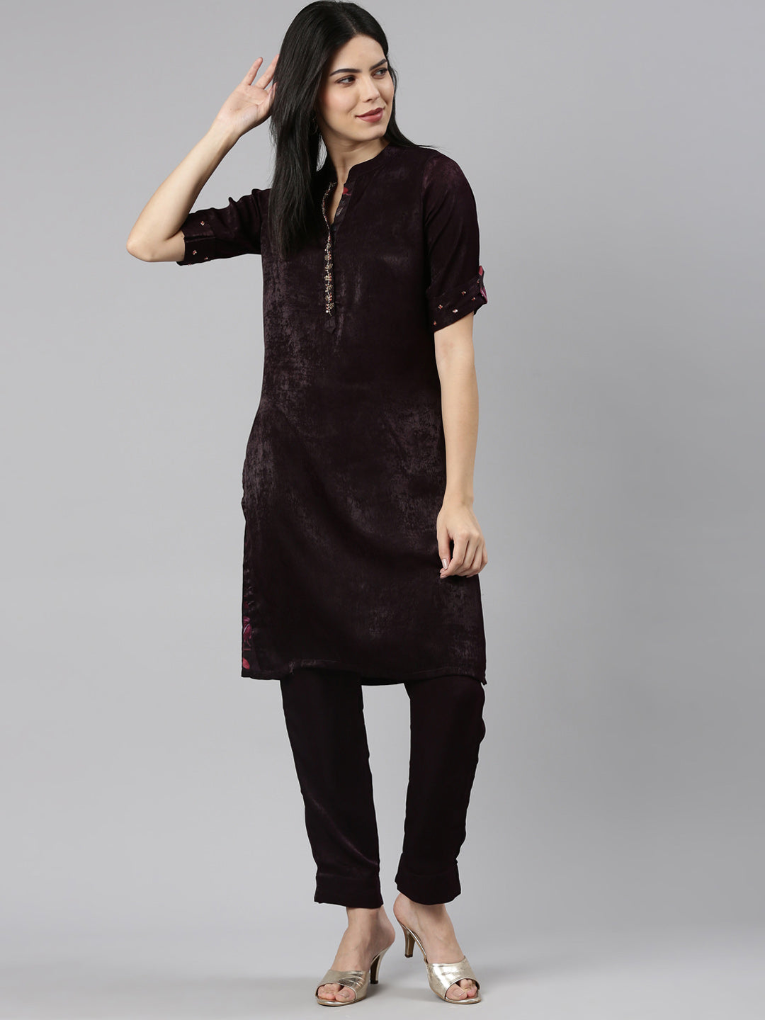 Neerus Purple solid straight kurta set with trouser - detail view 2