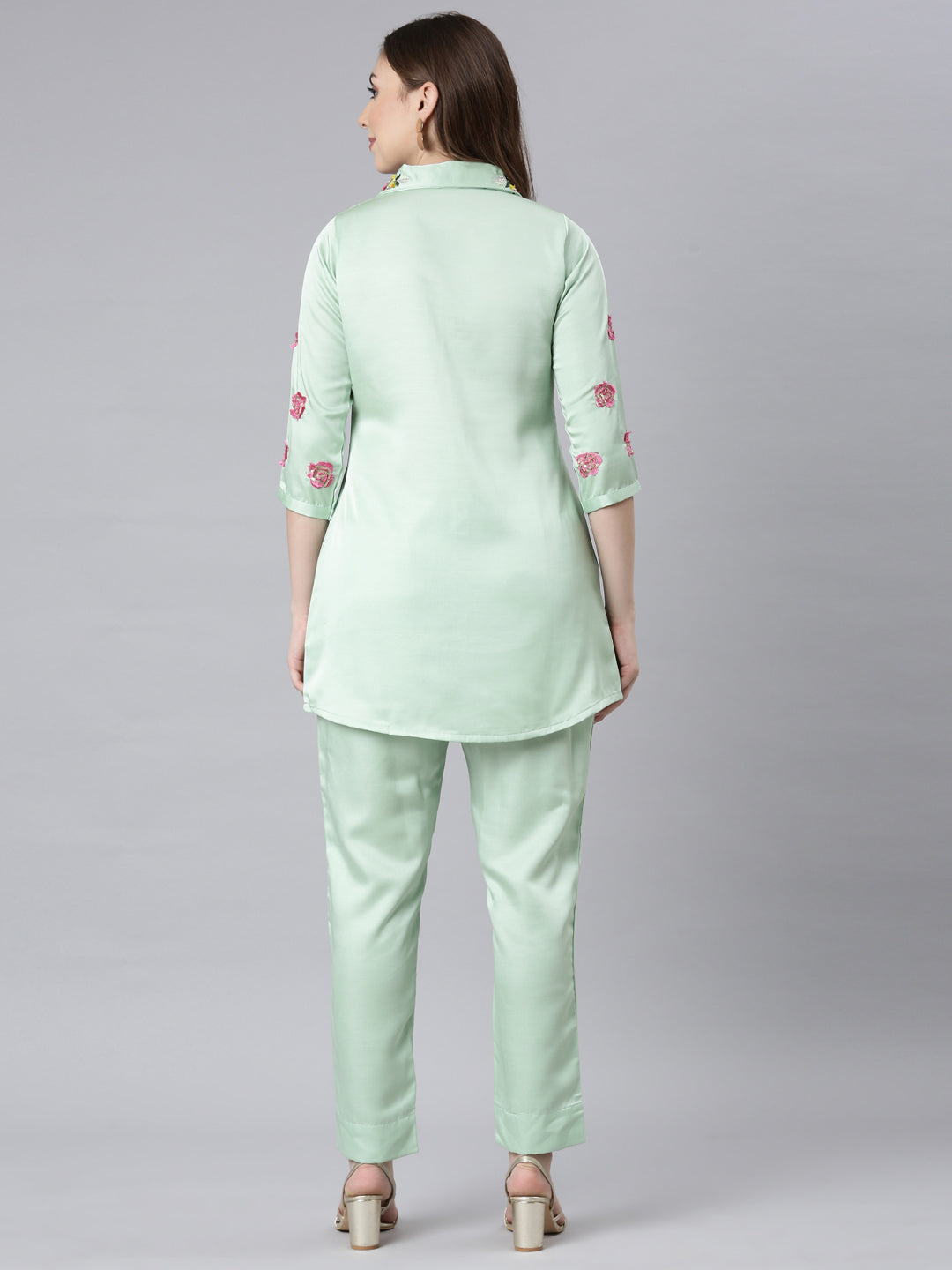 Neerus Green raw silk embroidered co-ord set - detail view 1