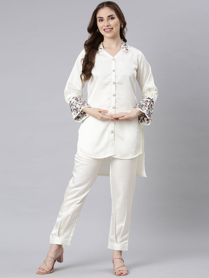 Neerus Cream Casual Embroidered Top And Trousers