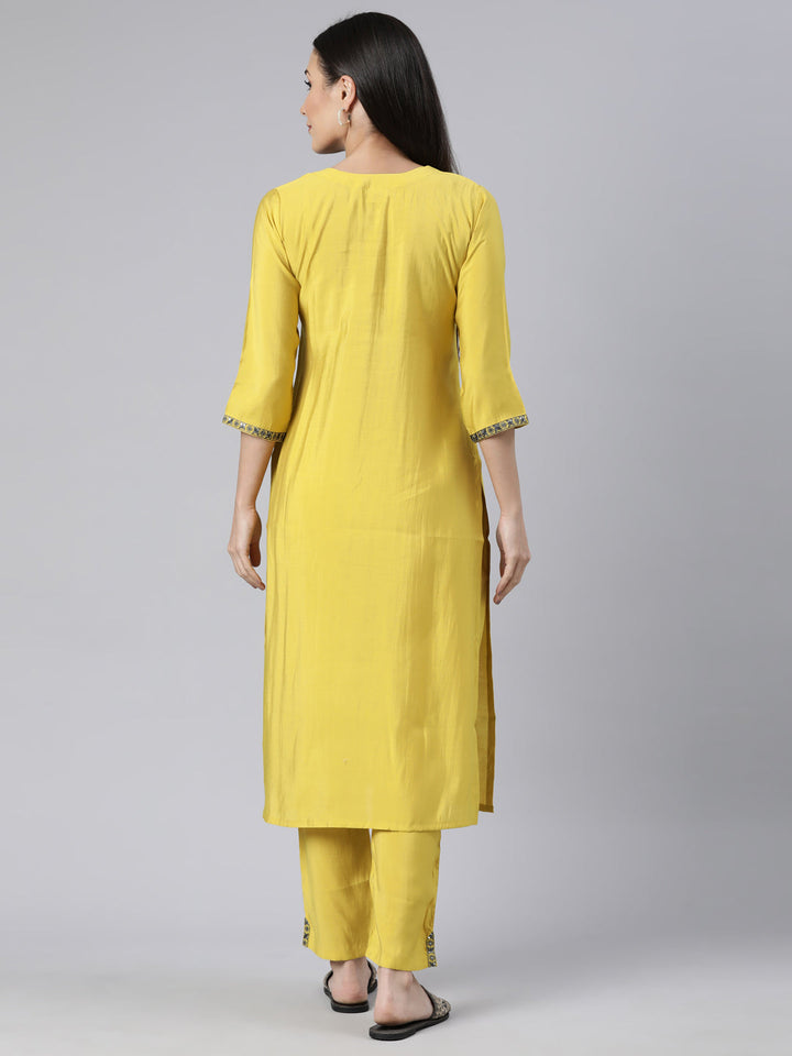 Neerus Green Regular Straight Solid Kurta And  Trousers