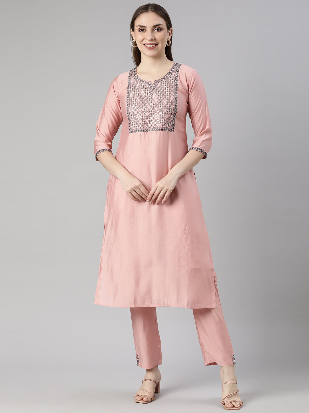 Neerus Pink solid straight kurta set with trouser - front view