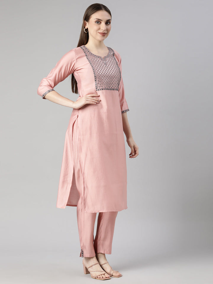 Neerus Pink solid straight kurta set with trouser - back view