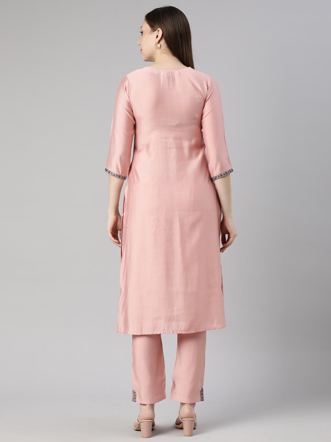 Neerus Pink solid straight kurta set with trouser - side view