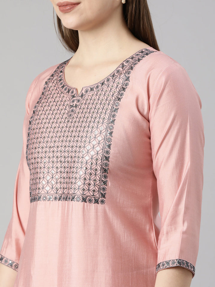 Neerus Pink solid straight kurta set with trouser - detail view 1