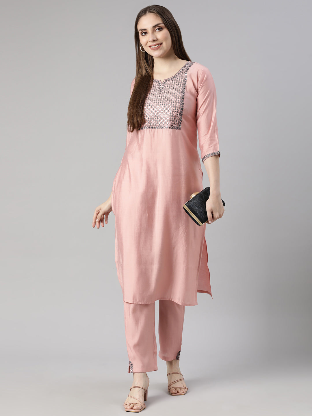 Neerus Pink solid straight kurta set with trouser - detail view 2