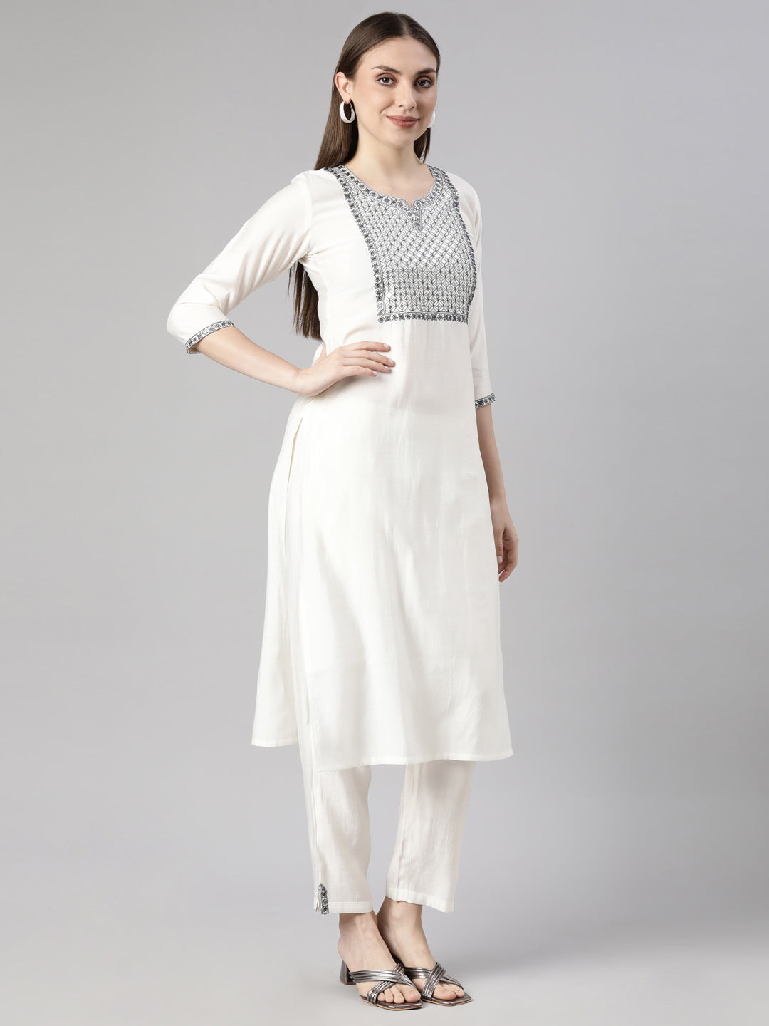 Neerus White solid straight kurta set with trouser - back view