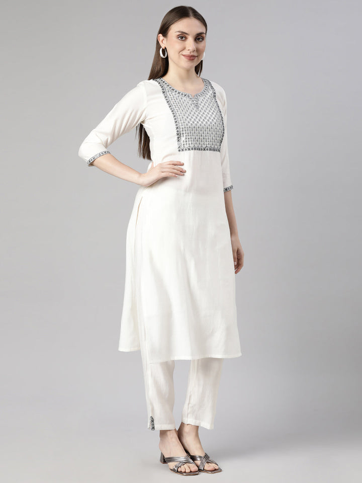 Neerus White solid straight kurta set with trouser - back view