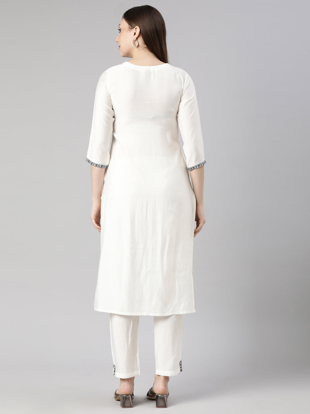 Neerus White solid straight kurta set with trouser - side view