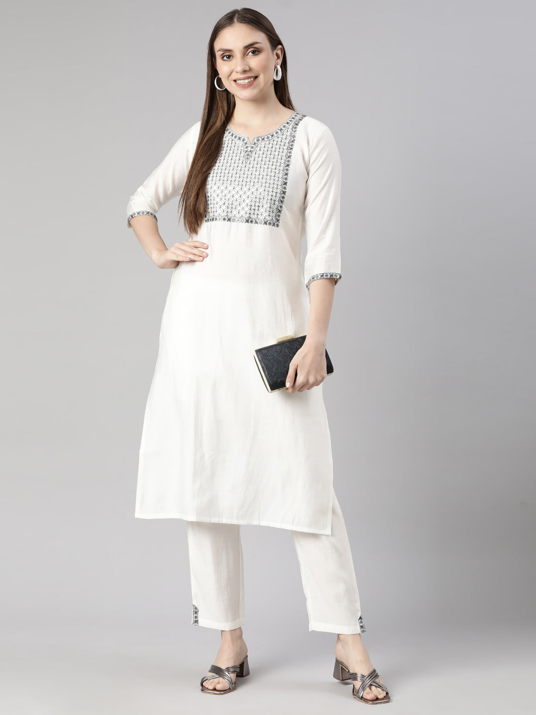 Neerus White solid straight kurta set with trouser - detail view 2