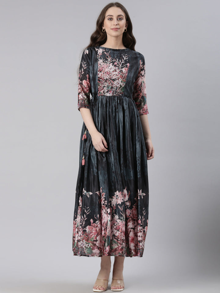 Neerus Grey Casual Floral Maxi Dresses