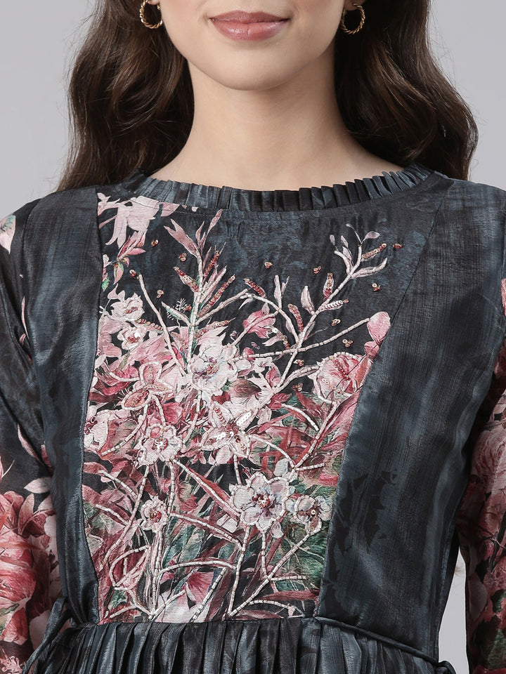 Neerus Grey Casual Floral Maxi Dresses