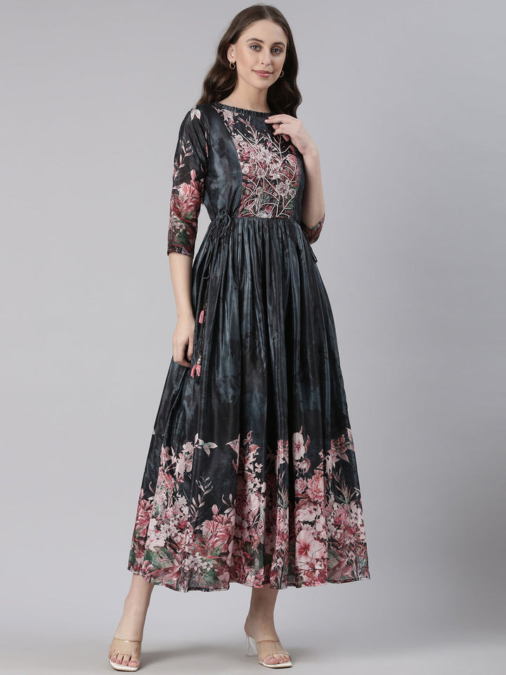 Neerus Grey Casual Floral Maxi Dresses
