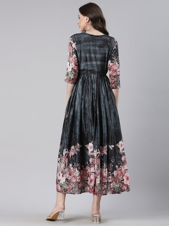 Neerus Grey Casual Floral Maxi Dresses