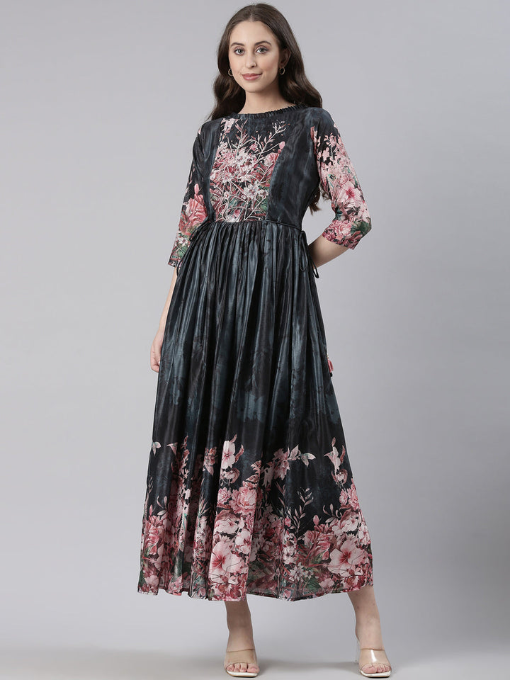 Neerus Grey Casual Floral Maxi Dresses