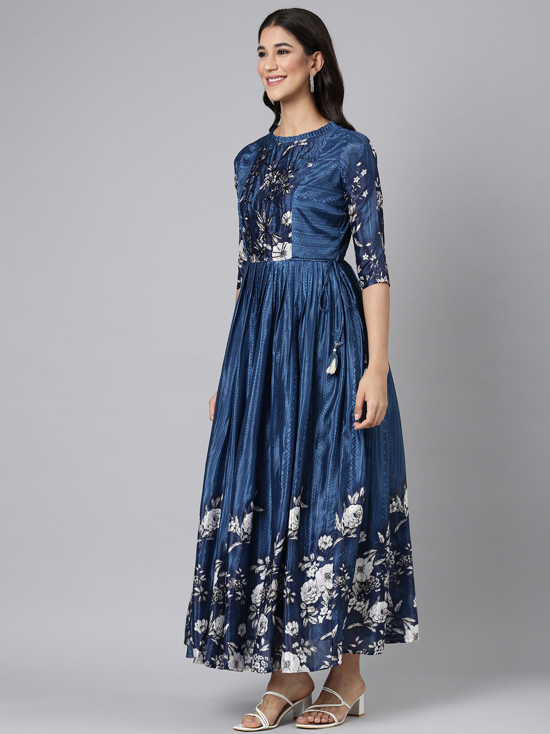 Neerus Blue silk printed floral maxi dress - back view