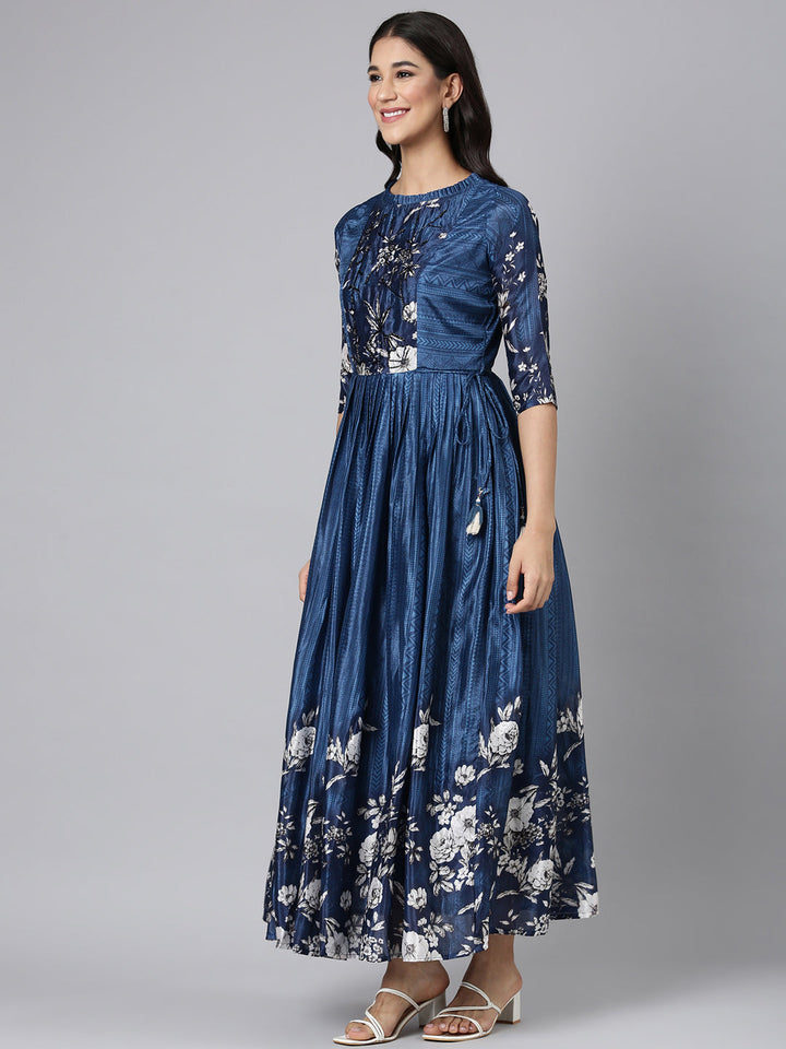 Neerus Blue silk printed floral maxi dress - back view