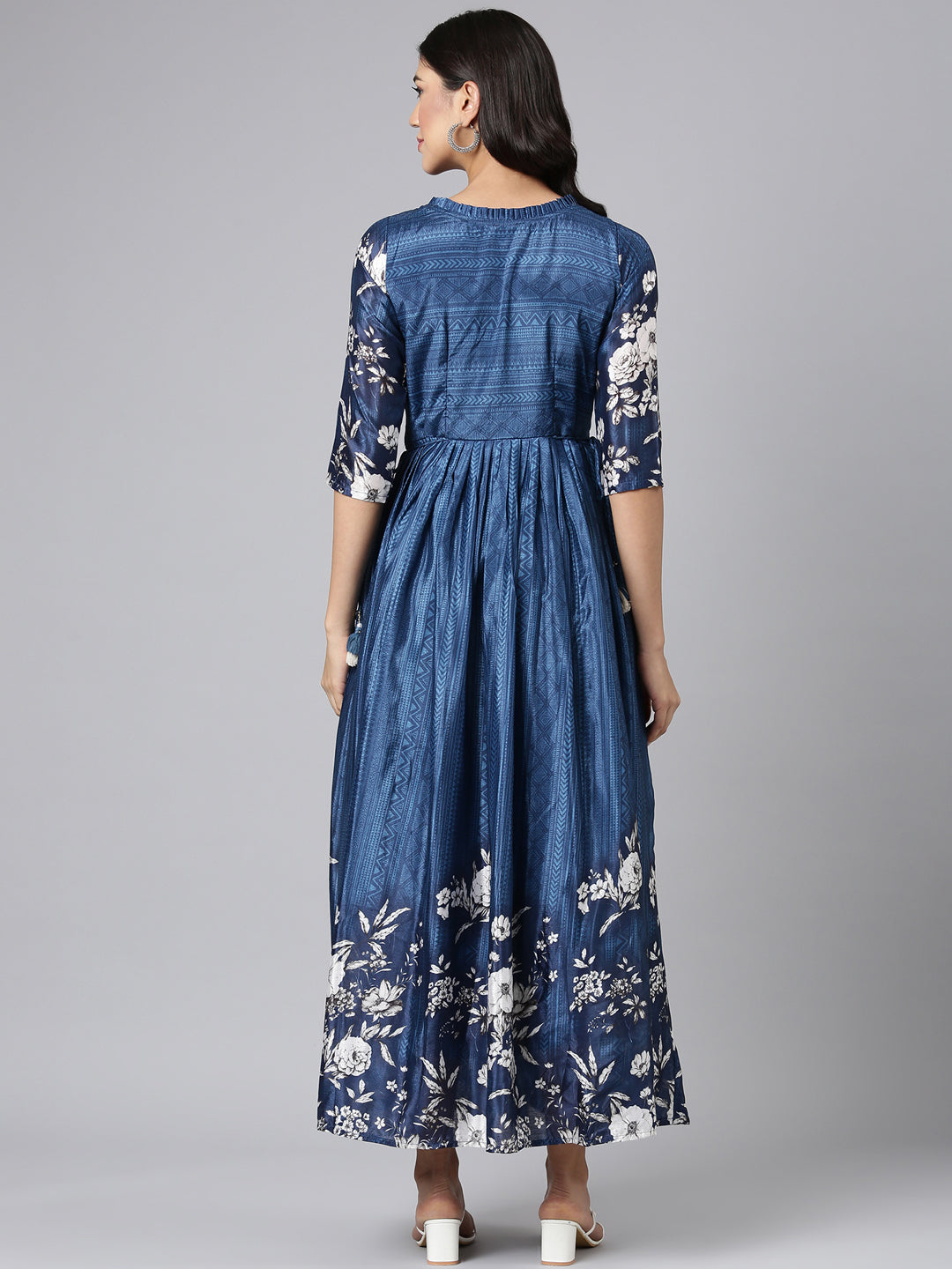 Neerus Blue silk printed floral maxi dress - side view