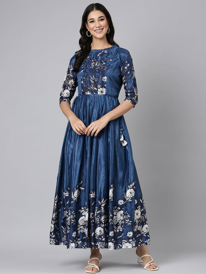 Neerus Blue silk printed floral maxi dress - front view