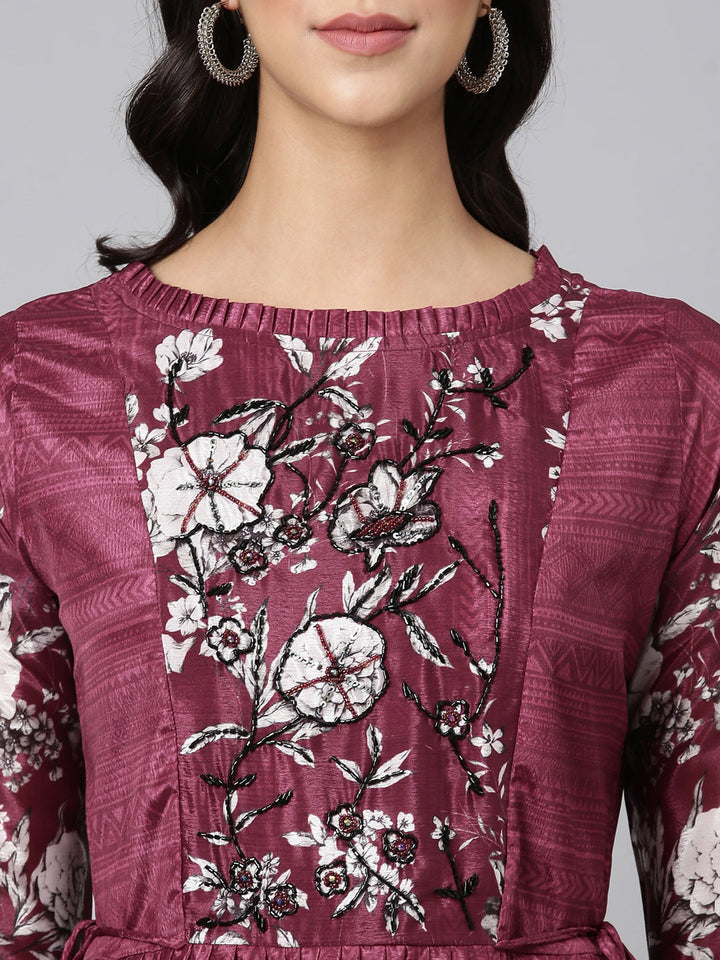 Neerus Wine Casual Floral Maxi Dresses