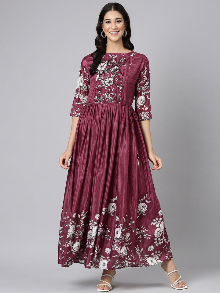 Neerus Wine Casual Floral Maxi Dresses