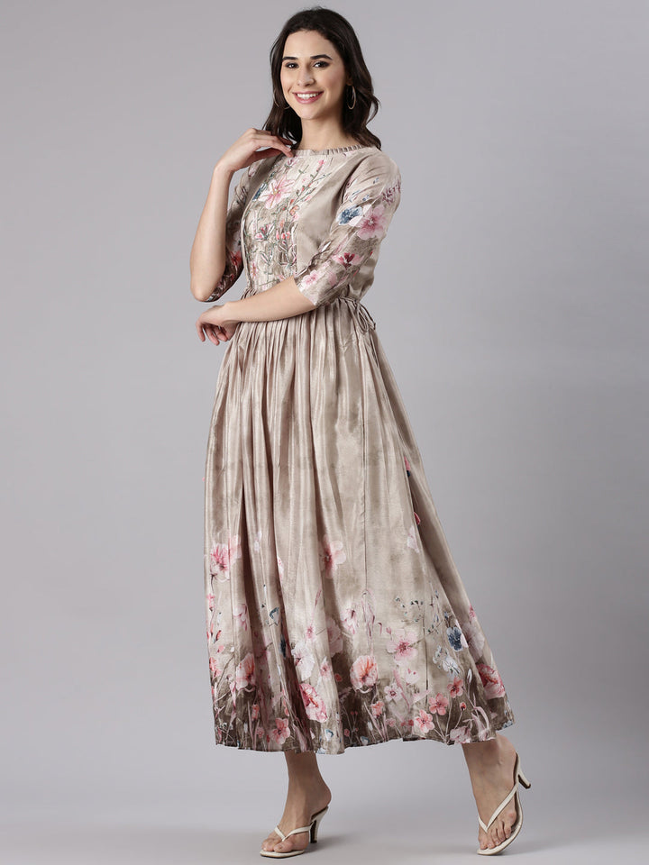 Beige Silk Printed Long Frock
