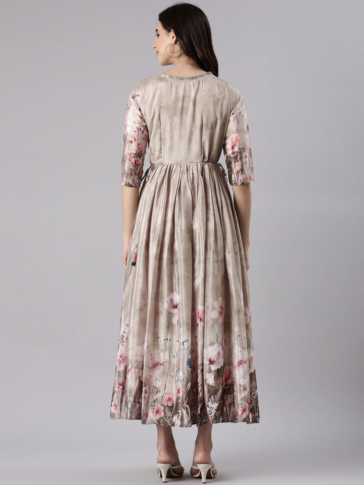 Beige Silk Printed Long Frock