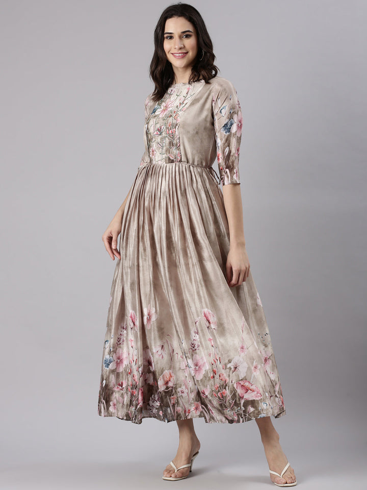 Beige Silk Printed Long Frock