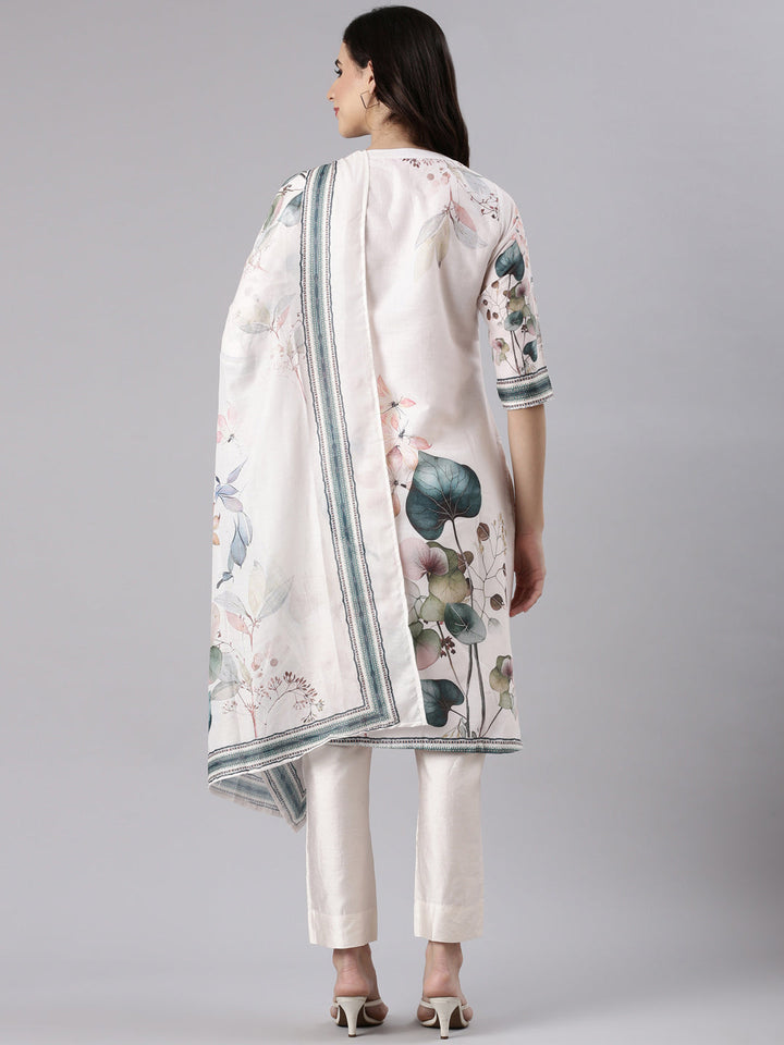 Cream Slub Cotton Printed Three Piece Set