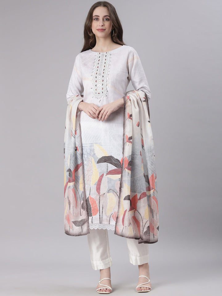 Neerus Off White Solid Straight Kurta and Trousers With Dupatta