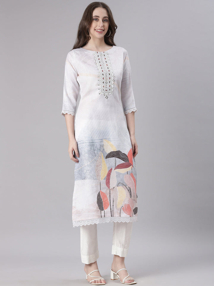 Neerus Off White Solid Straight Kurta and Trousers With Dupatta