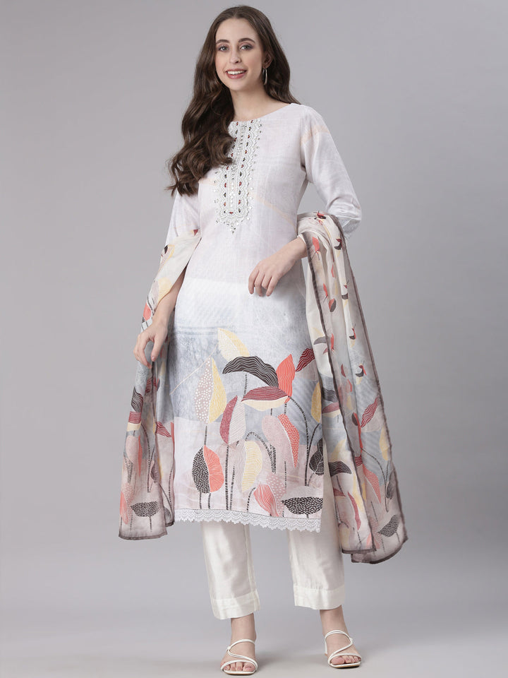 Neerus Off White Solid Straight Kurta and Trousers With Dupatta