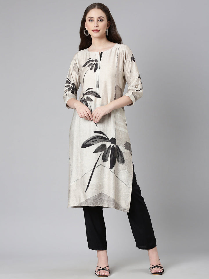 Neerus Grey viscose rayon printed straight kurta - front view