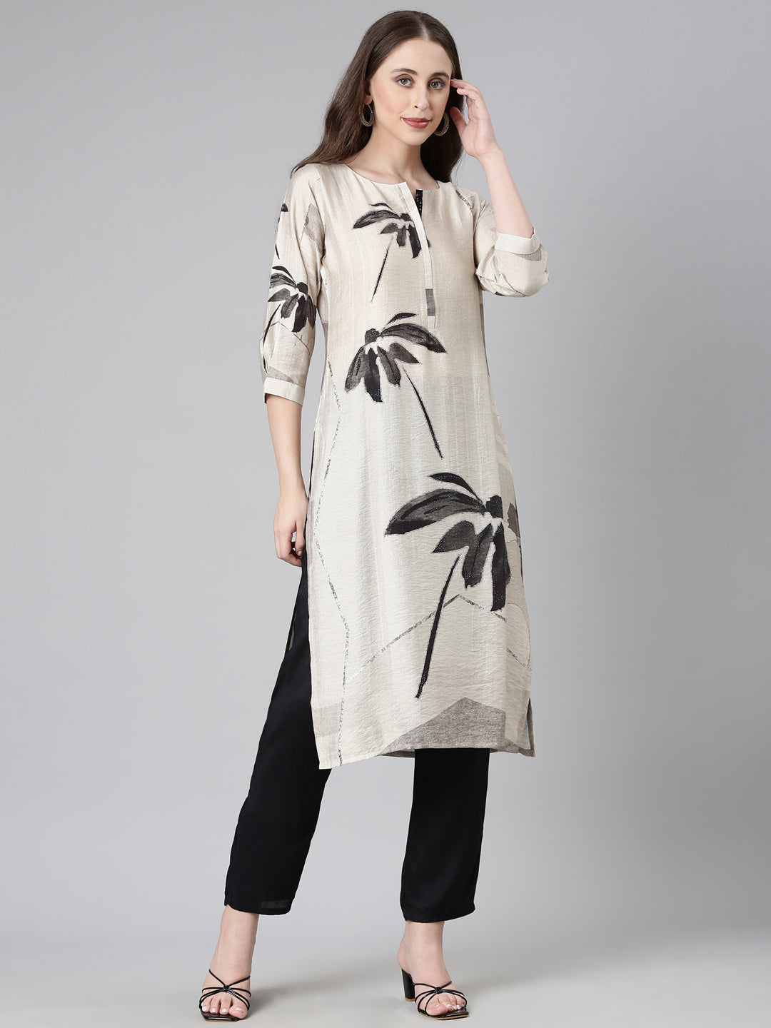 Neerus Grey viscose rayon printed straight kurta - back view
