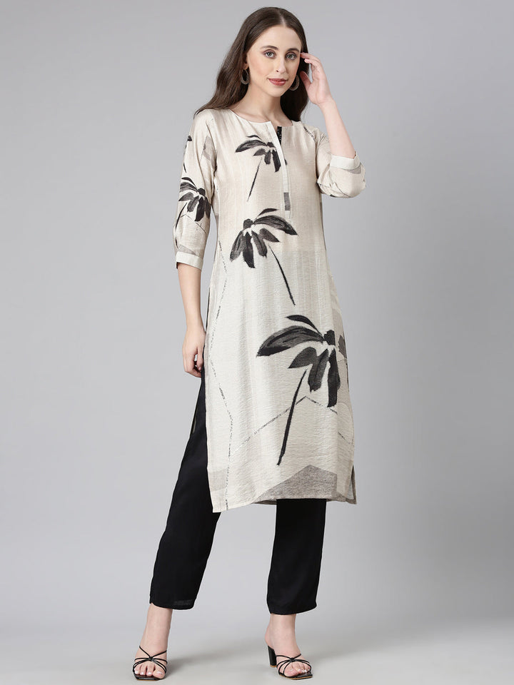 Neerus Grey viscose rayon printed straight kurta - back view