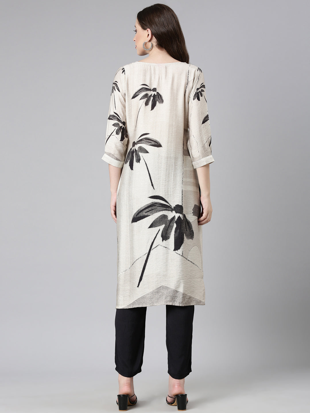 Neerus Grey viscose rayon printed straight kurta - side view