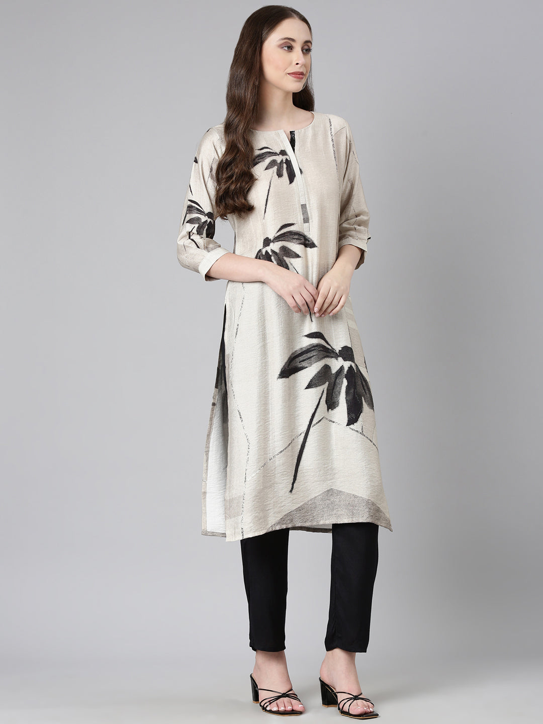 Neerus Grey viscose rayon printed straight kurta - detail view 2