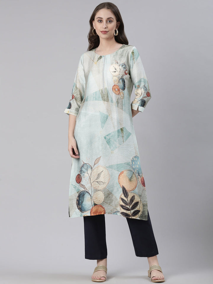 Neerus Sea Green Casual Geometric Straight Kurtas