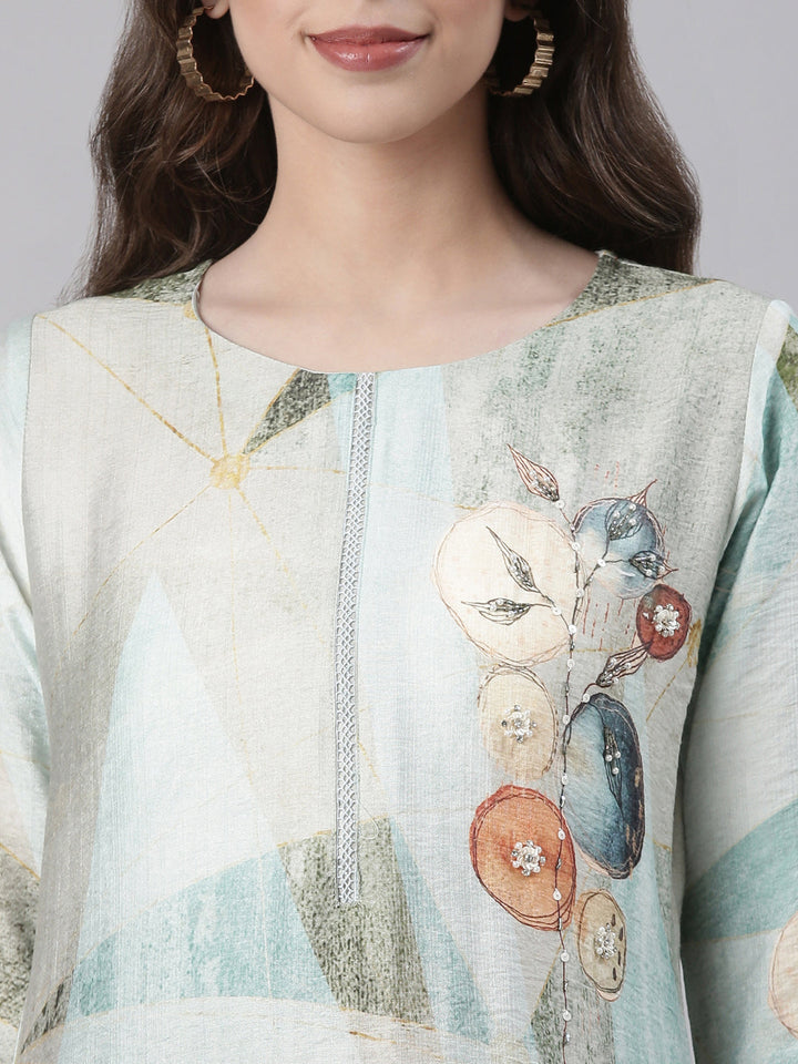 Neerus Sea Green Casual Geometric Straight Kurtas