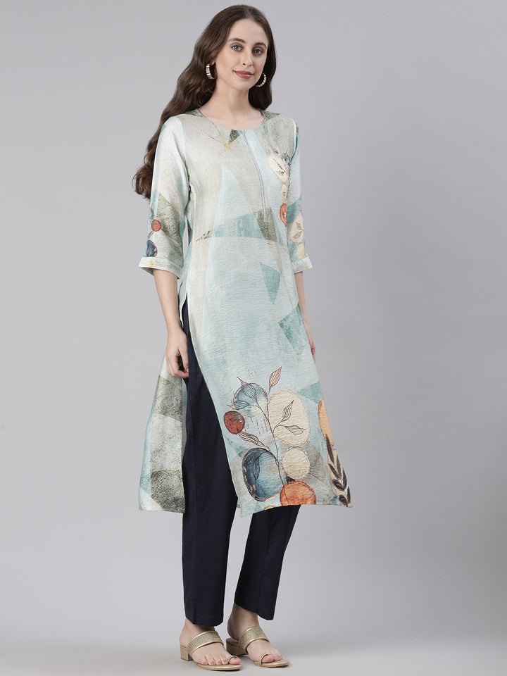 Neerus Sea Green Casual Geometric Straight Kurtas