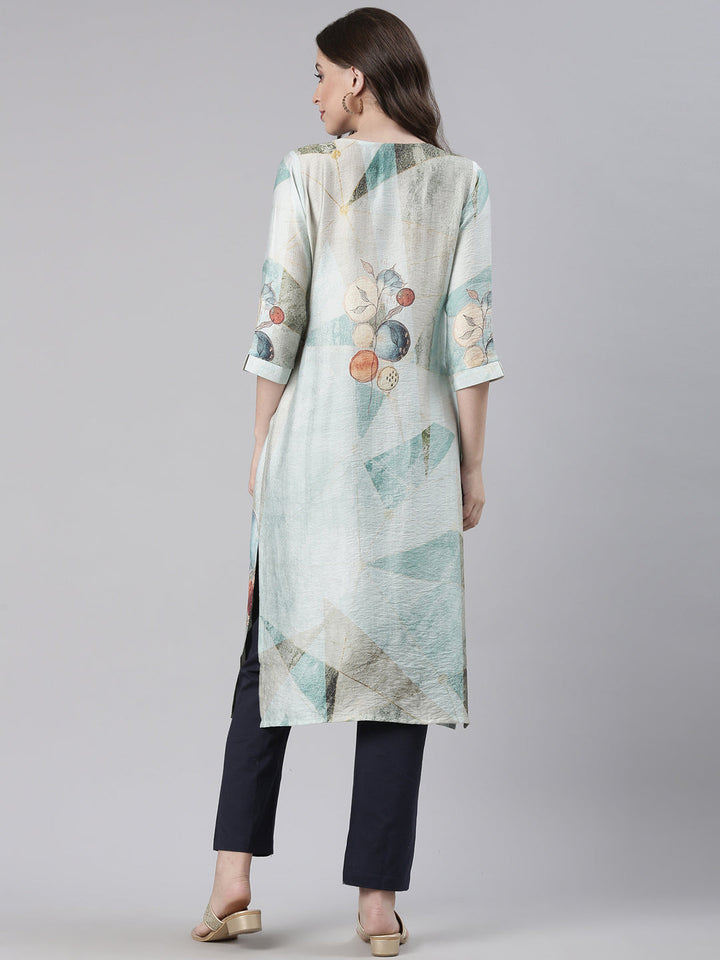Neerus Sea Green Casual Geometric Straight Kurtas
