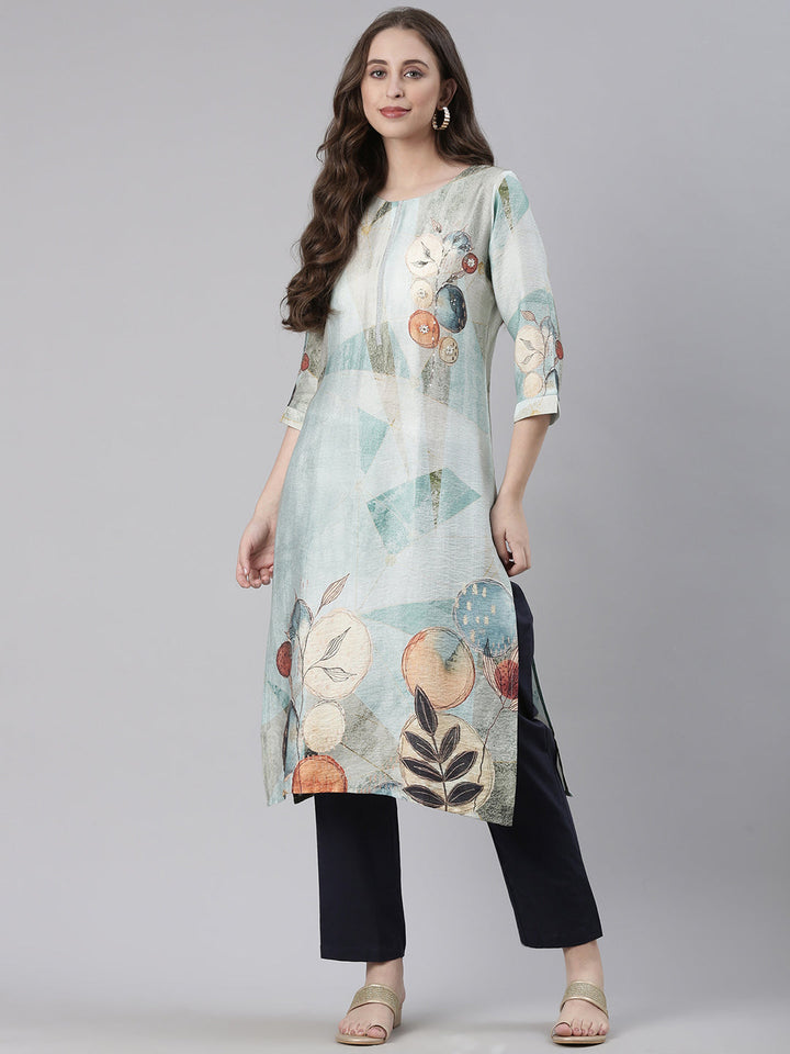 Neerus Sea Green Casual Geometric Straight Kurtas