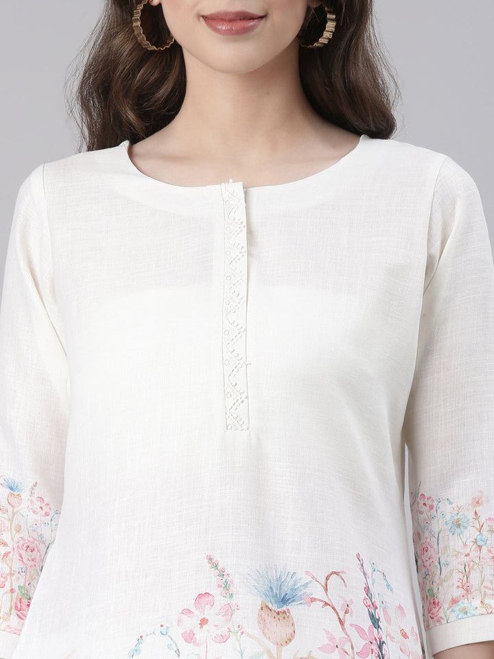 Neerus White Casual Printed Kurti with Trousers
