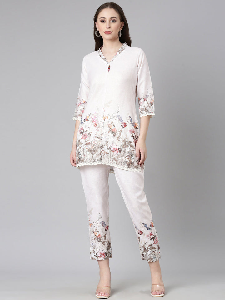 Neerus Cream Casual Solid Kurti with Trousers