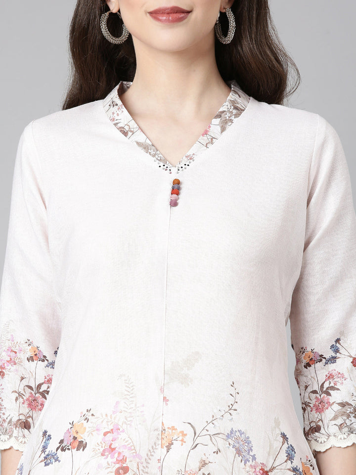 Neerus Cream Casual Solid Kurti with Trousers