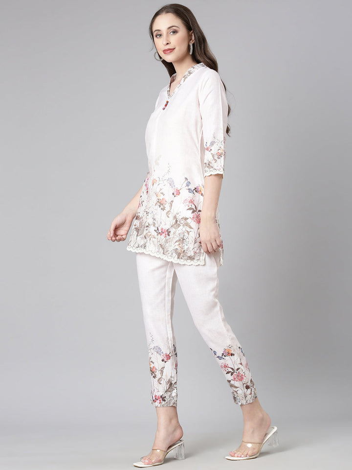 Neerus Cream Casual Solid Kurti with Trousers