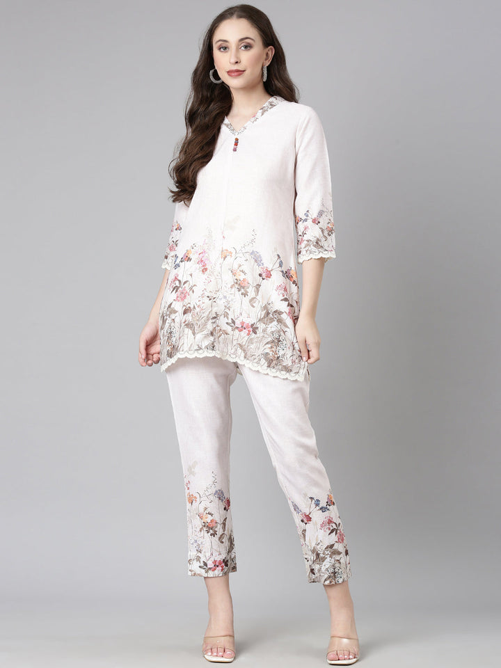 Neerus Cream Casual Solid Kurti with Trousers