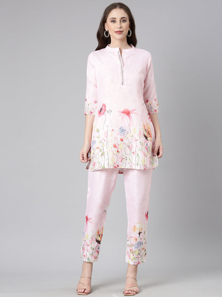 Neerus Pink Casual Solid Kurti with Trousers