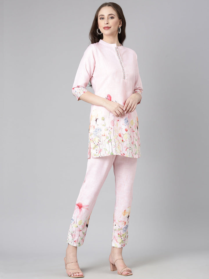 Neerus Pink Casual Solid Kurti with Trousers