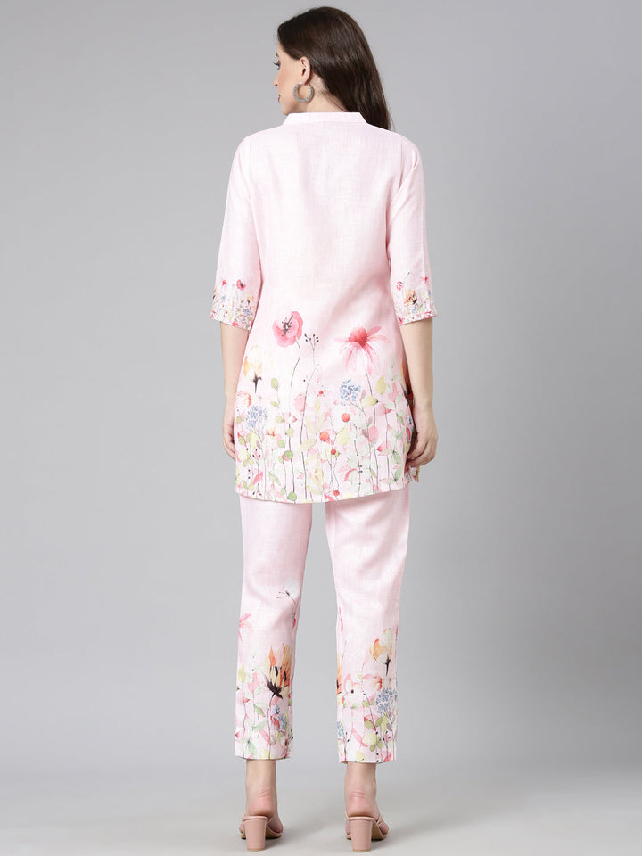 Neerus Pink Casual Solid Kurti with Trousers