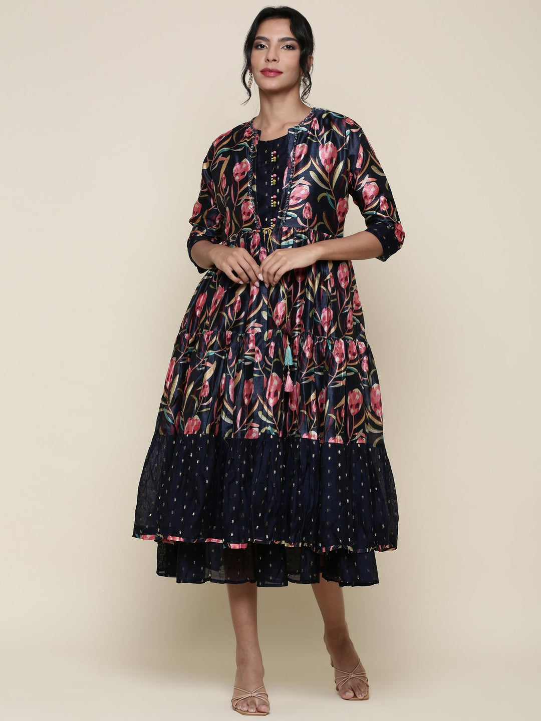 Neerus Black silk printed jacket and gown dress set - front view